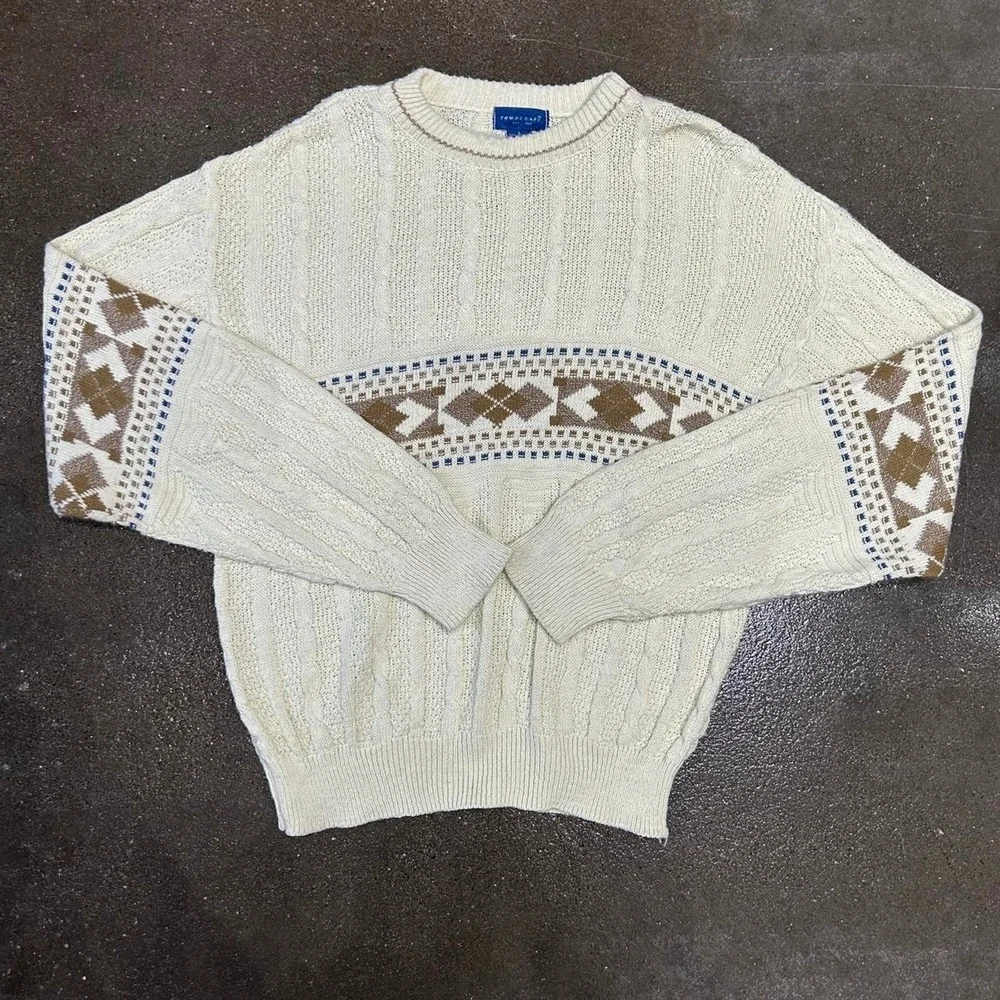 Vintage 90s Cream Brown‎ Men's Medium Towncraft Acrylic Soft Cozy Knit Sweater